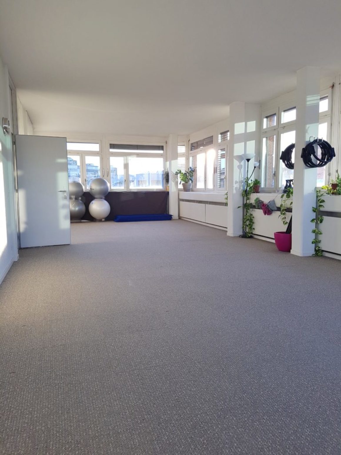 Vue salle cours collectif Pilates acacias-pilates, pilates, renforcement, force, puissance, souplesse, respiration, controle, genève, lumière, aéré, spacieuse, espace